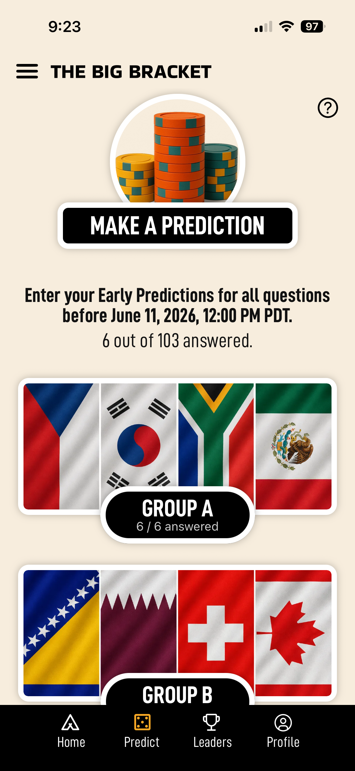 Make a Prediction screen with an Early Predictions deadline of June 11, 2026, showing 6 of 103 questions answered. Group A flag tiles for Czechia, South Korea, South Africa, and Mexico are marked '6 / 6 answered,' with Group B (Bosnia, Qatar, Switzerland, Canada) below.