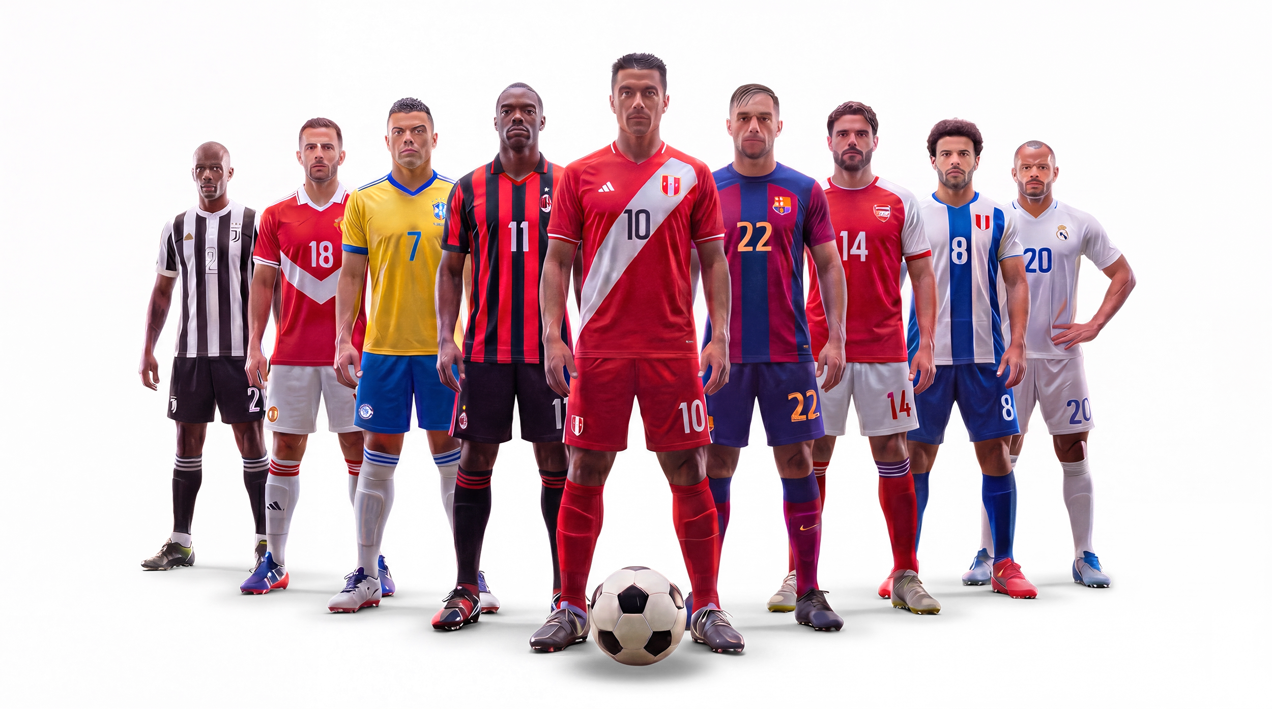 A lineup of eight footballers in national-team kits standing shoulder to shoulder behind a soccer ball, against a dramatic black-and-magenta backdrop.