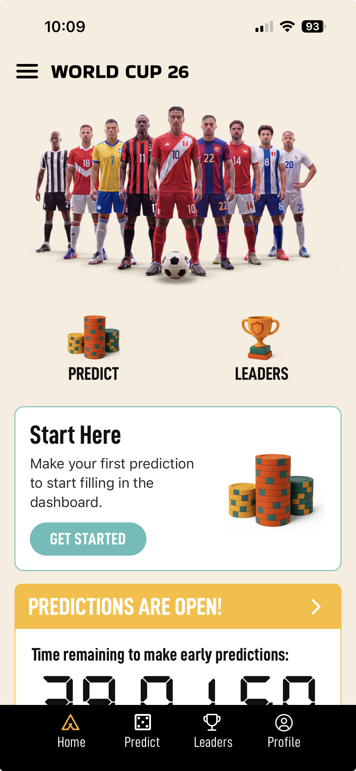 The Predictable home dashboard with a tournament header, large Predict and Leaders icons, a Start Here card, and a countdown timer.
