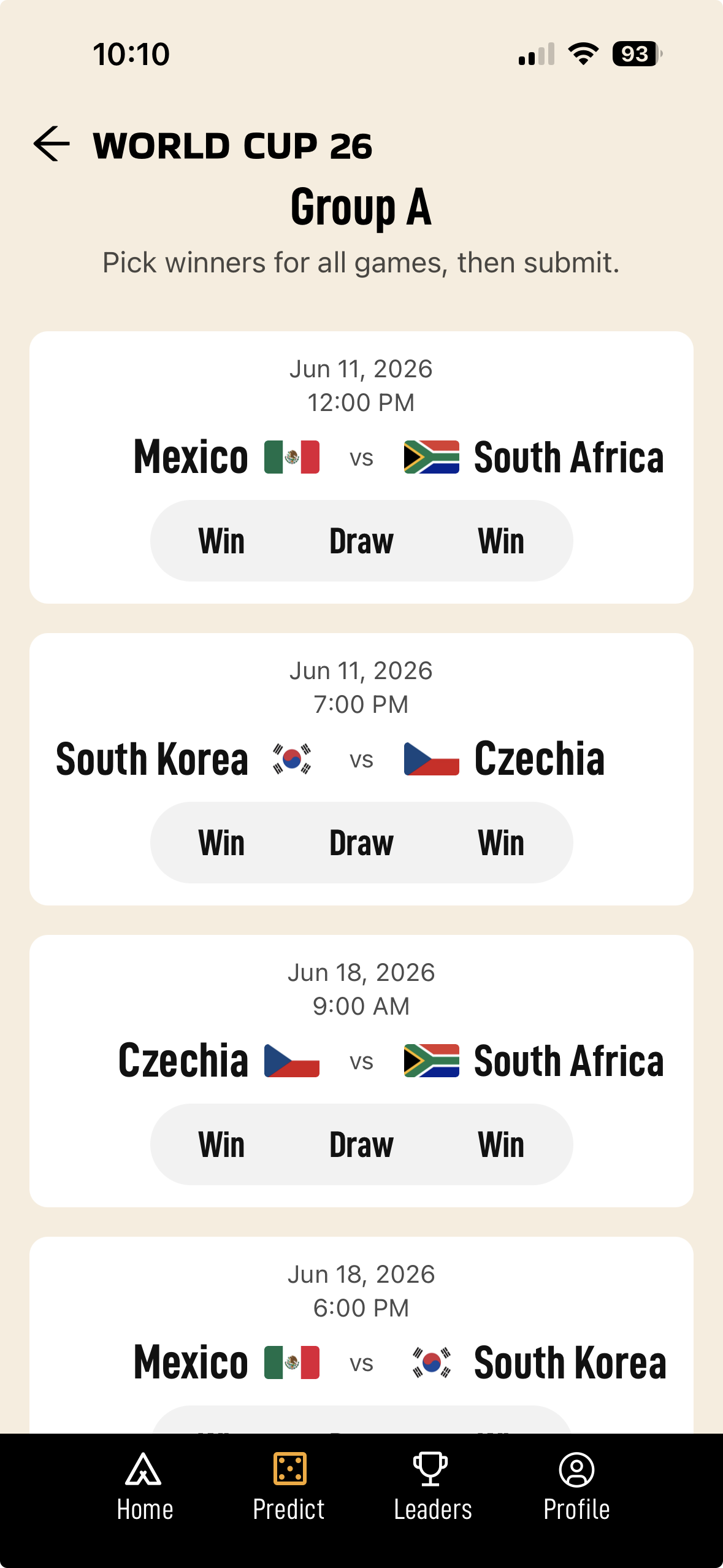 Group A schedule with several upcoming matchups, each offering Win / Draw / Win pick buttons.