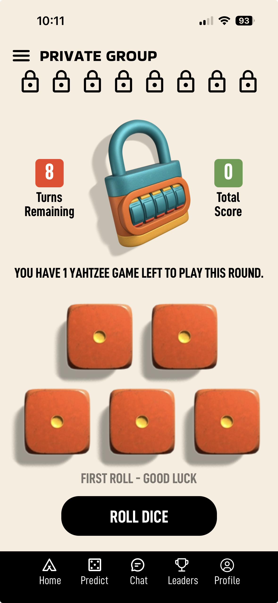 Yahtzee bonus screen with a padlock illustration, an 8 Turns Remaining counter, five orange dice, and a 'Roll Dice' button.